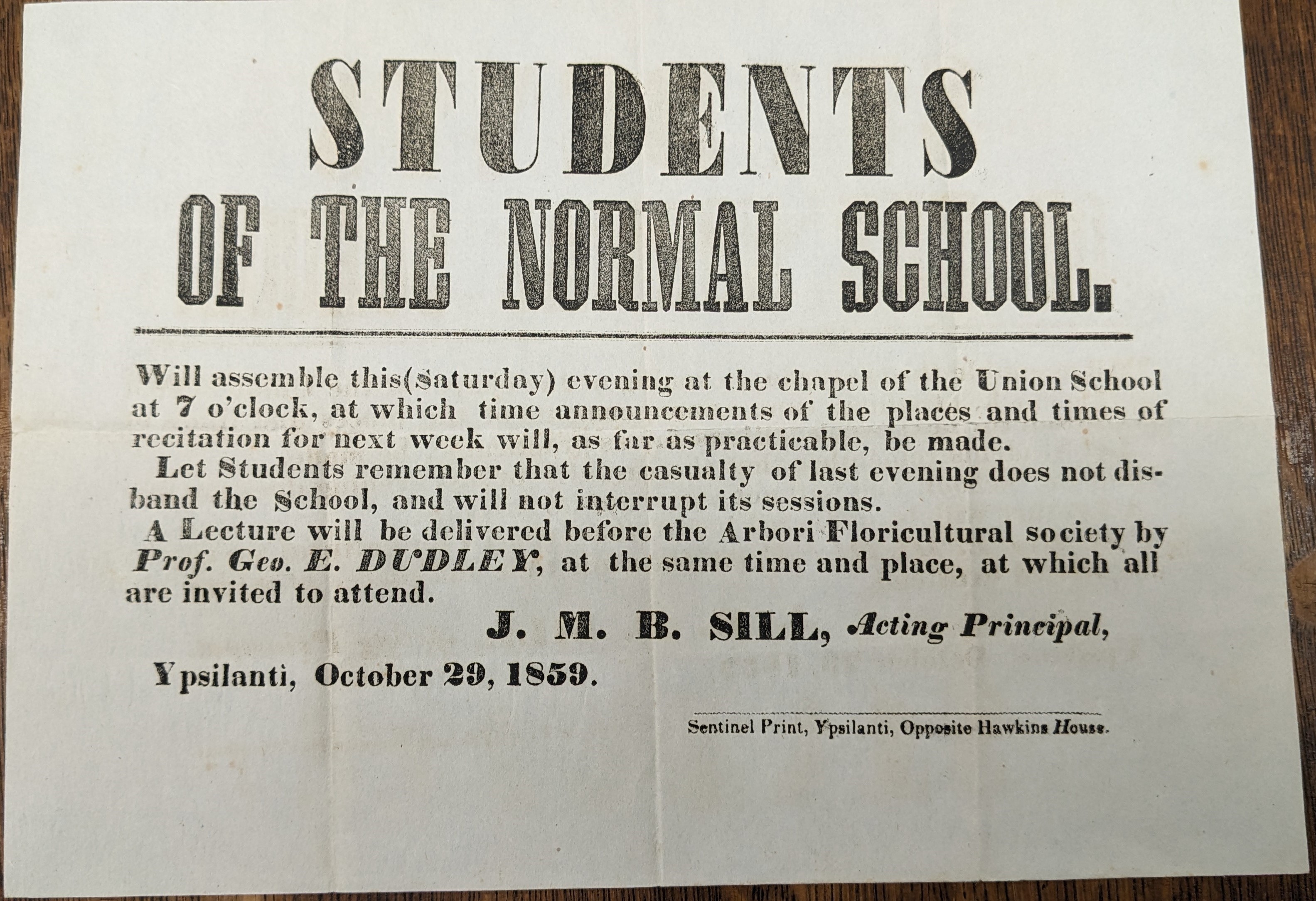 Acting Principal Sill announced that classes would continue as scheduled, despite the destruction of the school building the previous evening. Eastern Michigan University Archives.