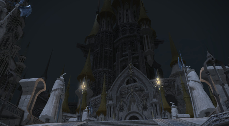 Screenshot from the game FFXIV featuring the city Ishgard. The screenshot shows off a dark snowy medieval inspired city scape. 