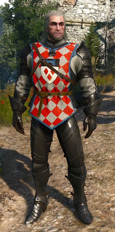 The image features Geralt of Rivia in elaborate armor standing on a dirt path. He has long white hair, yellow cat-like eyes, a scar across his left eye, and a stern expression. His attire includes a vivid red and white checkered tunic with a blue border, worn over full plate armor. The center of the tunic displays a coat of arms in the shape of a shield. It’s split into two panels. The upper panel has a blue castle bridge on a black background. The bottom panel shows an upside-down triangle made up of red diamonds on a white background. His arms and legs are covered with detailed, metallic armor accentuated by brown straps. He stands confidently against a background of green foliage and a rustic stone wall.