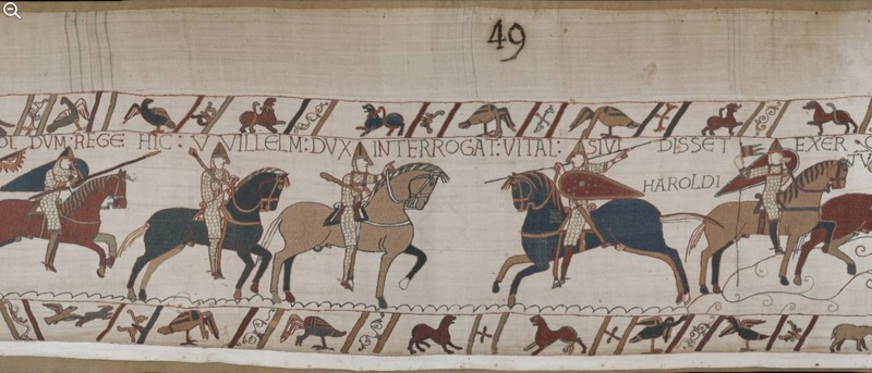 A screenshot of panel 49 of the Bayeux Tapestry. Figures on horseback face off; the central figure wields a club.