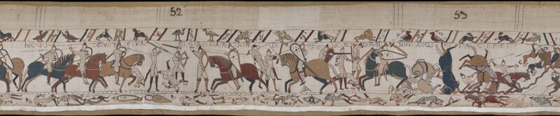 A screenshot of panels 52 and 53 of the Bayeux Tapestry. Figures on and off of horseback clash in battle, wielding swords, spears, axes, and shields. Men and horses both fall in battle.
