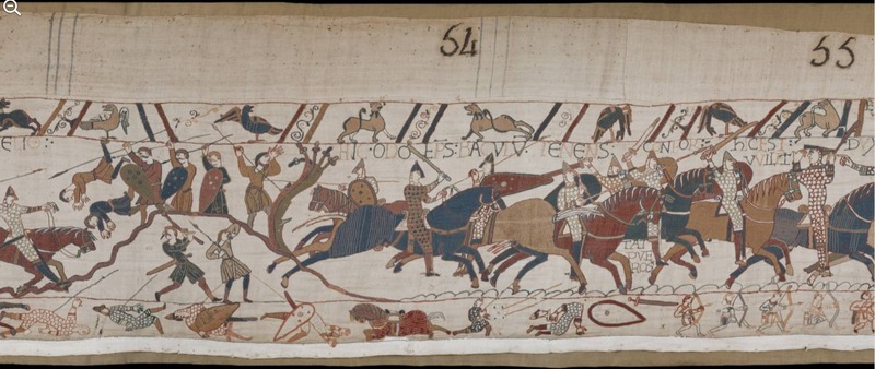 A screenshot of panel 54 of the Bayeux Tapestry. Figures on and off of horseback clash in battle. The central figure, Bishop Odo of Bayeux, wields a club. 