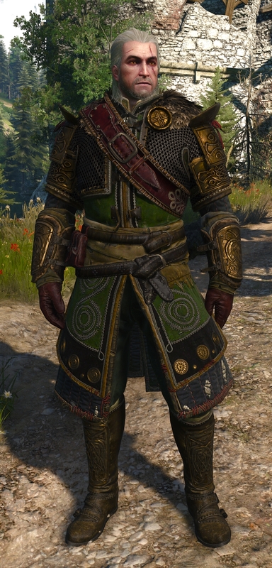 The image features Geralt of Rivia in elaborate armor standing on a dirt path. He has long white hair, yellow cat-like eyes, a scar across his left eye, and a stern expression.  He is wearing detailed armor with green and brown tones, with ornate patterns and rugged textures.