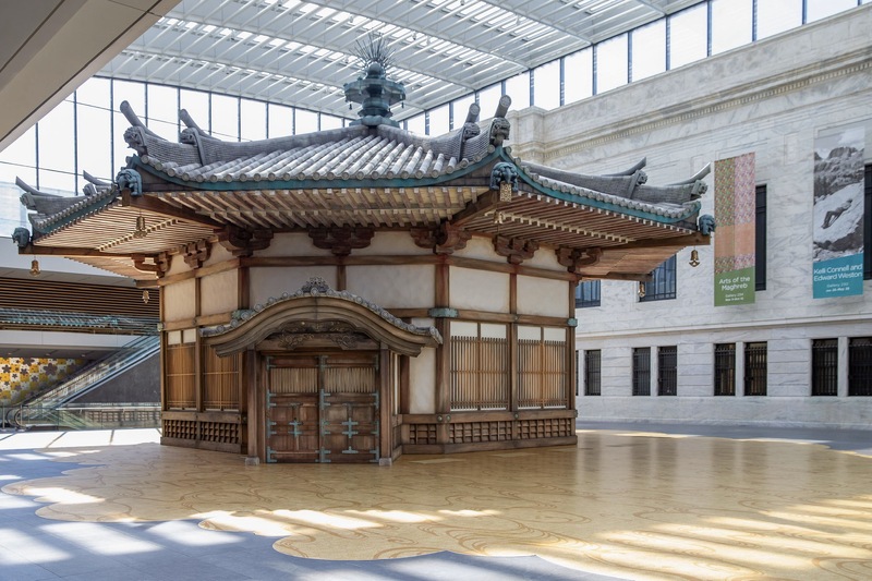 The artist Takashi Murakami's recreated Hall of Dreams, built as an interpretation of the original Yumedono, part of the Horyu-ji temple complex. Built of wood, with Nara period inspired architectural details. 