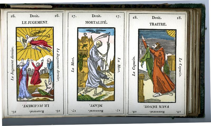 three decorative cards, one with a group of people, another with a skeleton, and a lone person, on top of a horizontal white page