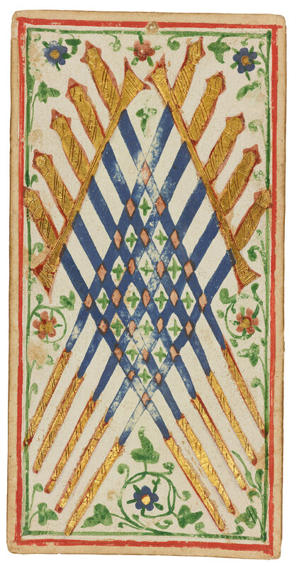 10 blue and gold swords intersect overtop green vines on a white background