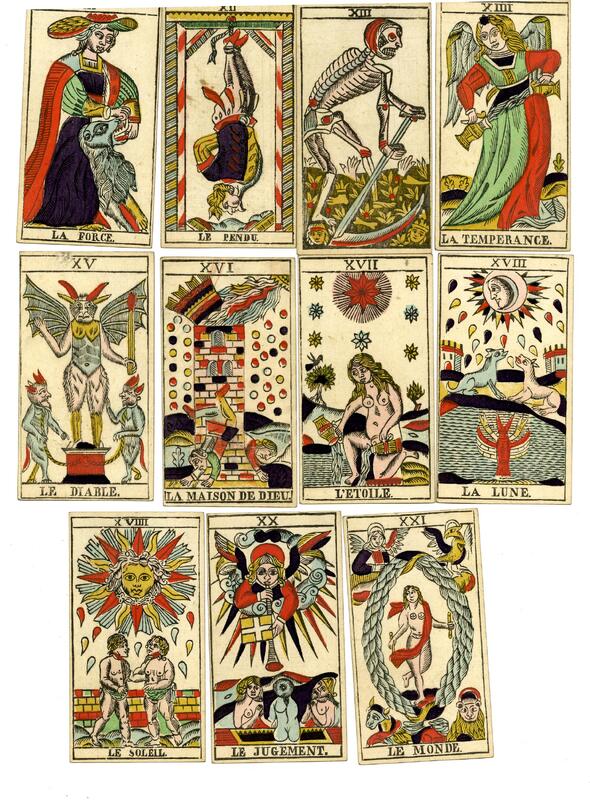 major arcana tarot cards (11-21) are stacked