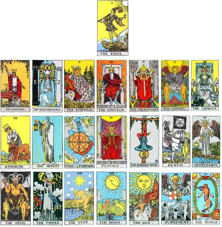 all 22 major arcana tarot cards are stacked