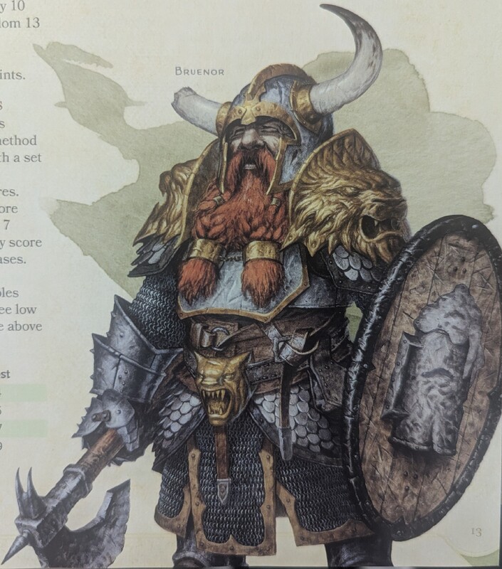 A photograph of page 13 of the 5th Edition Player's Handbook, depicting an illustration of a ginger Dwarven warrior wearing metal armour while wielding a shield and battleaxe.
