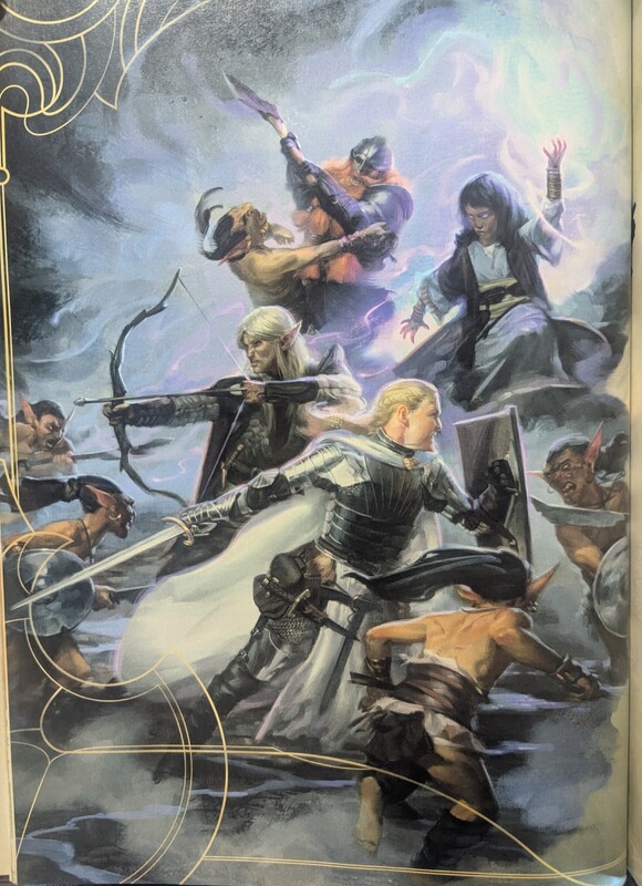 A photograph of page 44 of the 5th Edition Player's Handbook, depicting a full-page illustration of a party of heroes wielding various weapons and magic to fight off goblins. 