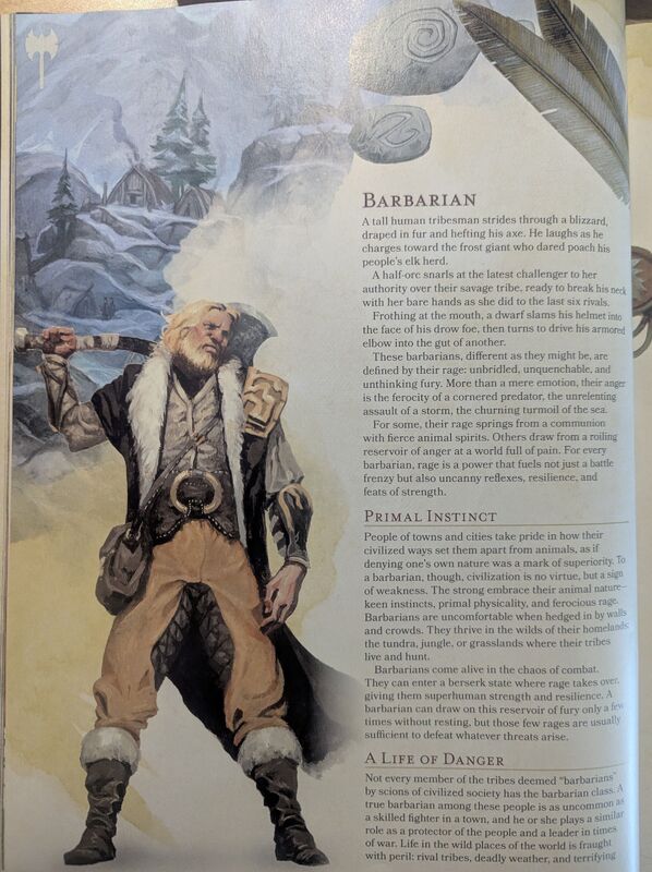 A photograph of page 46 of the 5th Edition Player's Handbook, depicting an illustration of a human barbarian with blonde hair and fur-lined armour, wielding a giant double-bladed battleaxe.