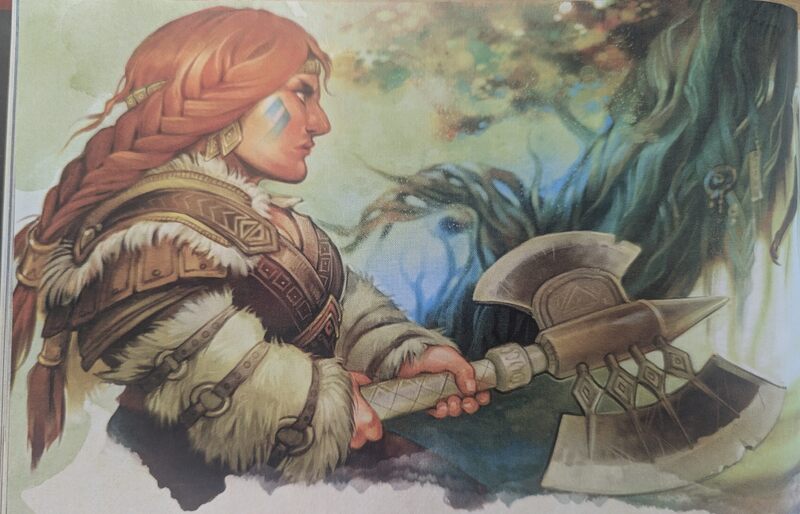 A photograph of page 56 of the 5th Edition Player's Handbook, depicting an illustration of a ginger Dwarven woman wearing fur-lined armour and wielding a double-bladed battleaxe.