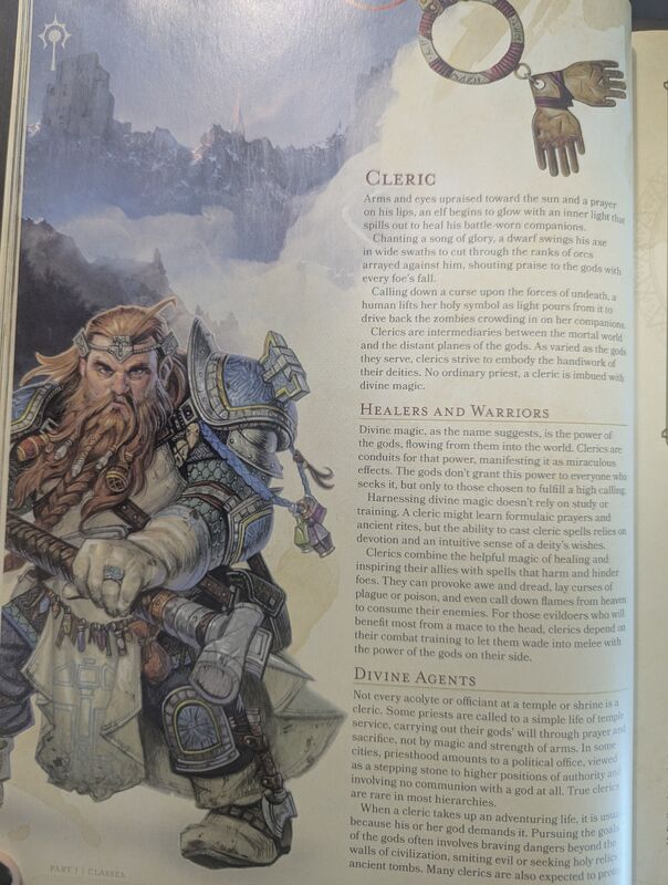 A photograph of page 56 of the 5th Edition Player's Handbook, depicting an illustration of a brunette Dwarven man clad in plate armour, wielding a giant war-hammer.