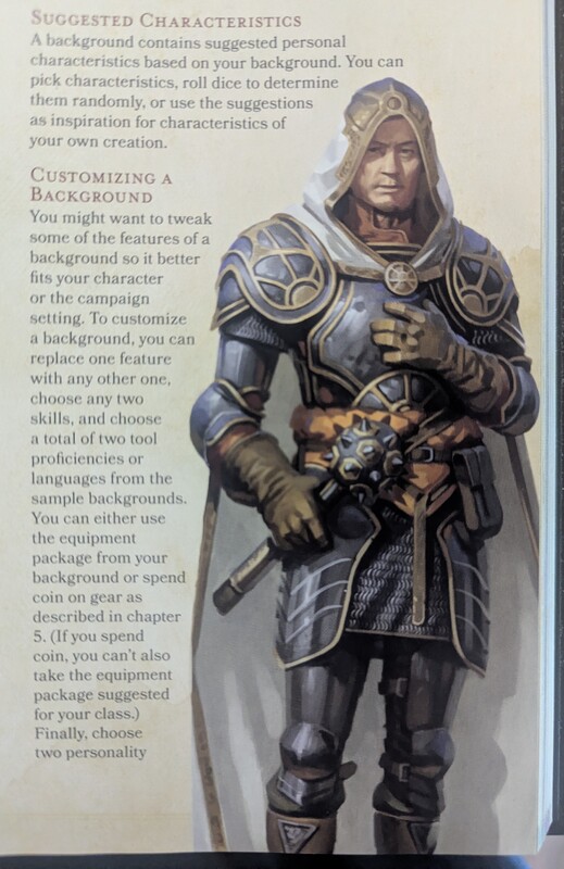 A photograph of page 125 of the 5th Edition Player's Handbook, depicting an illustration of a holy warrior in silver and gold plated armour, wielding a morningstar.