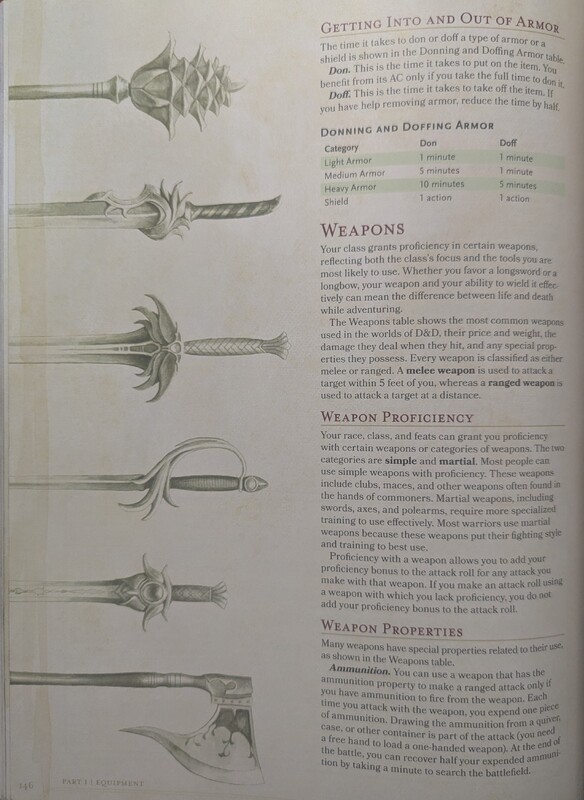 A photograph of page 146 of the 5th Edition Player's Handbook, depicting multiple illustrations of fantasy weaponry such as axes, swords, and bludgeoning weapons.