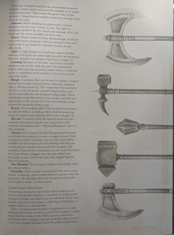A photograph of page 147 of the 5th Edition Player's Handbook, depicting multiple illustrations of fantasy weaponry such as axes, swords, and bludgeoning weapons; a continuation of what is on page 146.