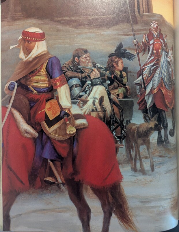 A photograph of page 156 of the 5th Edition Player's Handbook, depicting an illustration a party of heroes with weapons and armour. Two are on horseback and two are seated in the back of a horse-drawn wagon. They are accompanied by a dog and a raven.