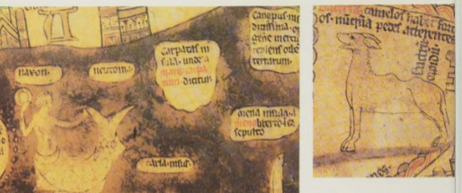 2 portions of the Hereford World Map featuring drawings of a mermaid and a mammal. 