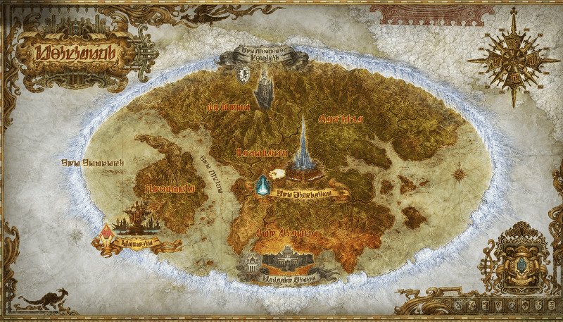 A screenshot of the Norvrandt map in Final Fantasy 14, added during the shadowbringers expansion. 