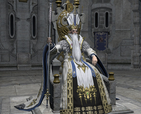 A screenshot from Final Fantasy 14 of Archbishop Thordan VII, he is seated in a throne with a large staff in his hand.