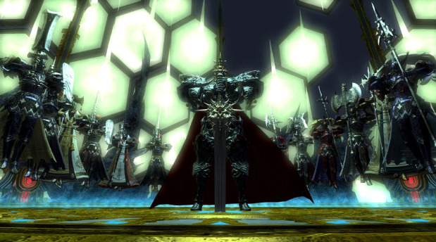 A screenshot from Final Fantasy 14 showing King Thordan VII surronded by his knights of the round. 
