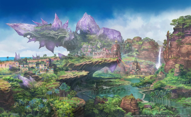 A illustration of the region Thavnair from Final Fantasy 14. It is a bright colorful and tropical region, there's a city on a cliff with a large purple crystal behind it. 