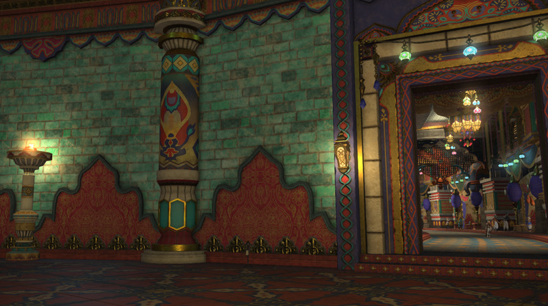 A screenshot from Final Fantasy 14 showing a colorful hallway in a city known as Radz-at-Han
