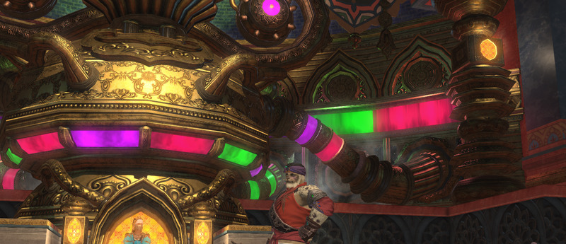 A screenshot of a Hrothgar (Anthropomorphic cat) from Final Fantasy 14 in the city Radz-at-Han. There's a Hyur(human) woman staring at him and alchemical machines in the background.