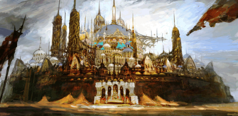 An illustration of the city Ul'dah from Final Fantasy 14. The city's entrance is in view with two flags in the front of the view. 