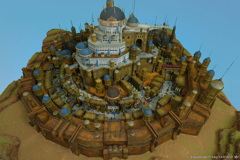 A diorama of the city Ul'dah from Final Fantasy 14, showcasing the round shaped city. 