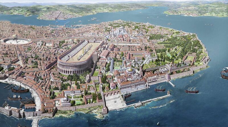 An illustration showcasing what the artist believed the city of Constantinople looked like. It shows a city on the water with boats pulling into the harbor. 