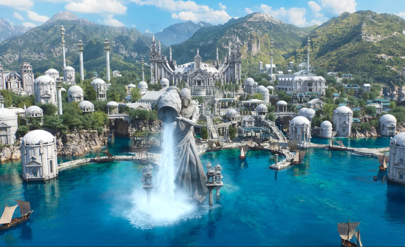 A screenshot from the Final Fantasy 14 trailer for the expansion Endwalker. It shows the city Sharlayan, with the harbor and a large statue pouring water in view. 