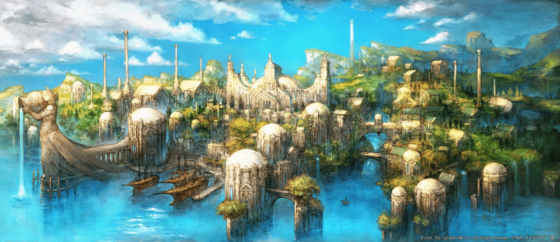 A illustration of the city Sharlayan from Final Fantasy 14. The city is on the water with boats docked in the harbor and a large statue with an ewer pouring out water is prominently in view. 
