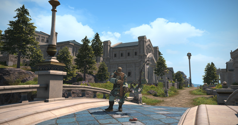 A screenshot from the game Final Fantasy 14 showing a Hrothgar (anthropomorphic cat) holding a bow standing in the city Sharlayan. 