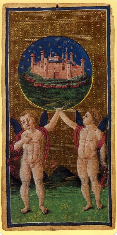 two angels hold up an orb in the sky that shows a castle 