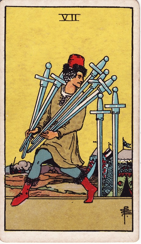 A man holds five swords in his arms with two behind him, all in front of a yellow background