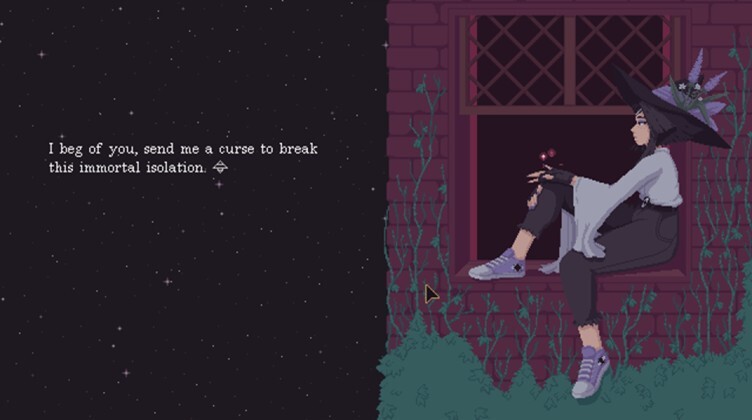Fortuna, a young witch, sits at a window with her arm raised, with a text box besides her that says "I beg of you, send me a curse to break this immortal isolation"