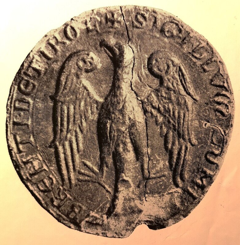 Medieval seal featuring an eagle representing the Counts of Tirol. A stylistic eagle is displayed on the seal. Monochromatic.