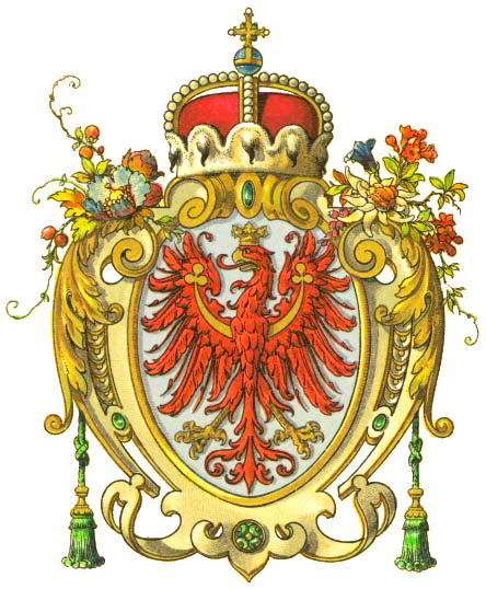 Colorfully designed coat of arms symbol that represents the Counts of Tyrol. Detailed drawing of an eagle and other imagery such as tassels and flowers. A royal crown tops the symmetrical design. 
