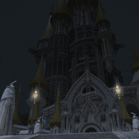 Screenshot from the game FFXIV featuring the city Ishgard. The screenshot shows off a dark snowy medieval inspired city scape. 
