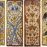 4 cards sit next to each other: an ornate 6 of coins card, 10 of blue and yellow polo sticks, golden 3 of cups, and curvy black 7 of swords. 
