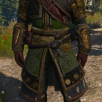 The image features Geralt of Rivia in elaborate armor standing on a dirt path. He has long white hair, yellow cat-like eyes, a scar across his left eye, and a stern expression.  He is wearing detailed armor with green and brown tones, with ornate patterns and rugged textures.