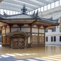 The artist Takashi Murakami's recreated Hall of Dreams, built as an interpretation of the original Yumedono, part of the Horyu-ji temple complex. Built of wood, with Nara period inspired architectural details. 