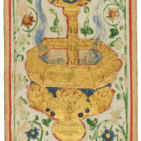 an ornate golden cup shaped like a fountain stands in front of a white and green vines background 