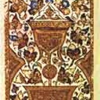 An ornate golden cup is in front of floral patterns. Distinct blue borders are at the top and bottom of the card.