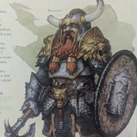 A photograph of page 13 of the 5th Edition Player's Handbook, depicting an illustration of a ginger Dwarven warrior wearing metal armour while wielding a shield and battleaxe.