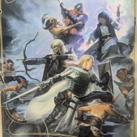 A photograph of page 44 of the 5th Edition Player's Handbook, depicting a full-page illustration of a party of heroes wielding various weapons and magic to fight off goblins. 