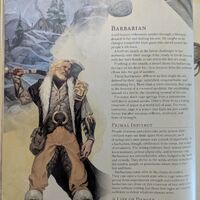 A photograph of page 46 of the 5th Edition Player's Handbook, depicting an illustration of a human barbarian with blonde hair and fur-lined armour, wielding a giant double-bladed battleaxe.