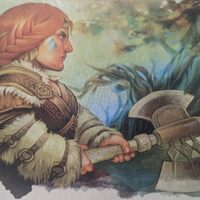 A photograph of page 56 of the 5th Edition Player's Handbook, depicting an illustration of a ginger Dwarven woman wearing fur-lined armour and wielding a double-bladed battleaxe.