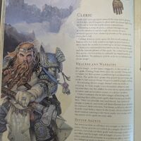 A photograph of page 56 of the 5th Edition Player's Handbook, depicting an illustration of a brunette Dwarven man clad in plate armour, wielding a giant war-hammer.